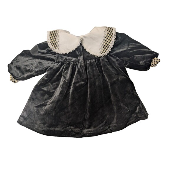 Vintage Little Precious Toddler Black Crushed Velvet Dress sz 2T Lace Plaid Gold - Picture 9 of 13